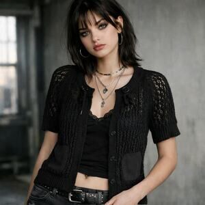 Y2K Soft Goth Crochet Cardigan Small Jones New York Snap Front Minimalist